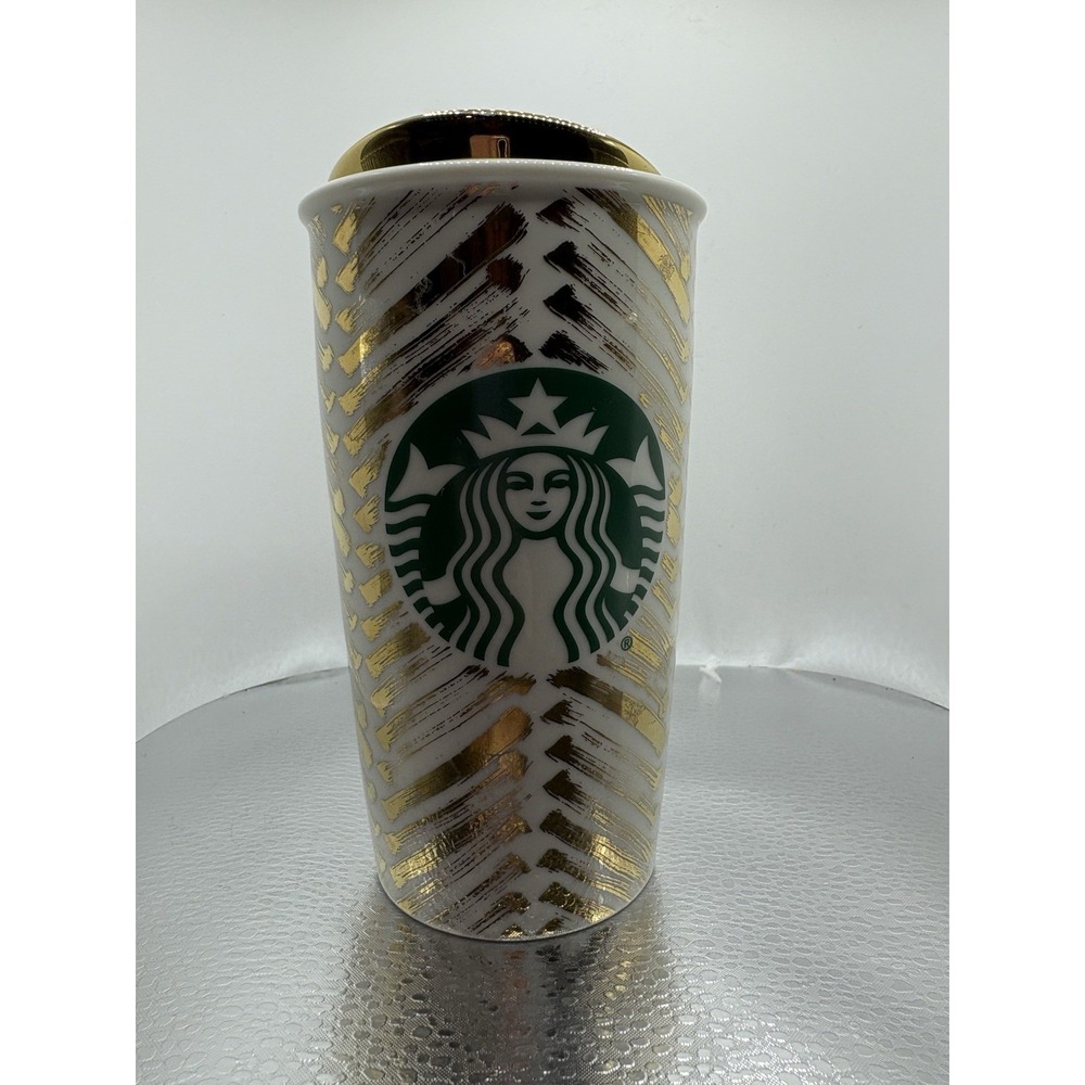 Starbucks Gold Chevron Ceramic Travel Mug Tumbler 2015 Christmas Release